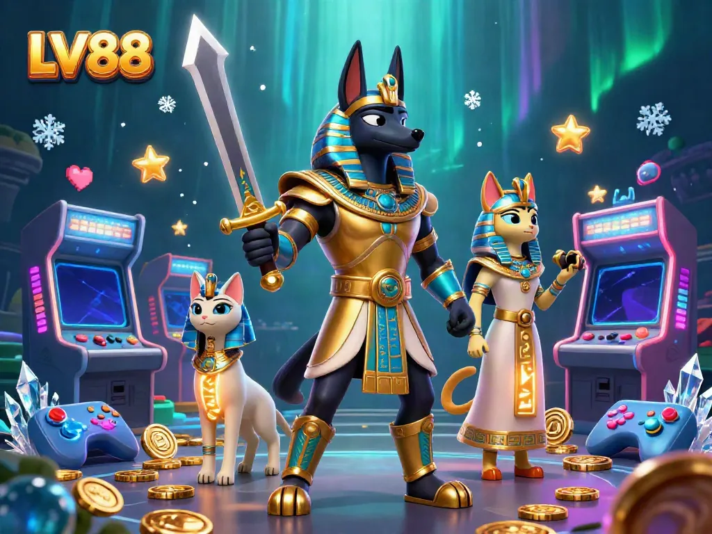 Experience thrilling gaming adventures at LV88, featuring Anubis and Bastet amidst vibrant casino elements.