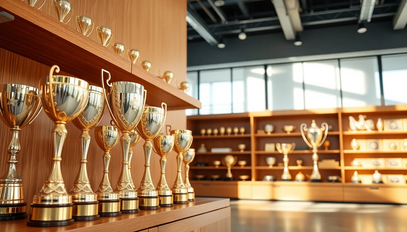 Pokale online bestellen in einer eleganten Ausstellung, die glänzende Trophäen zeigt.