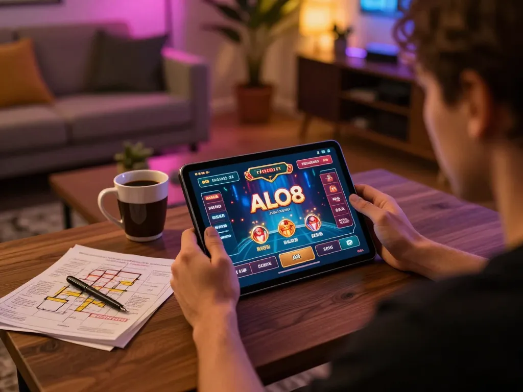 Player engaging with the ALO8 casino on a tablet, highlighting an exciting online gambling experience