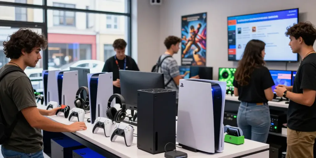 Engaging shopping experience at ROKOK88 with vibrant gaming consoles and accessories