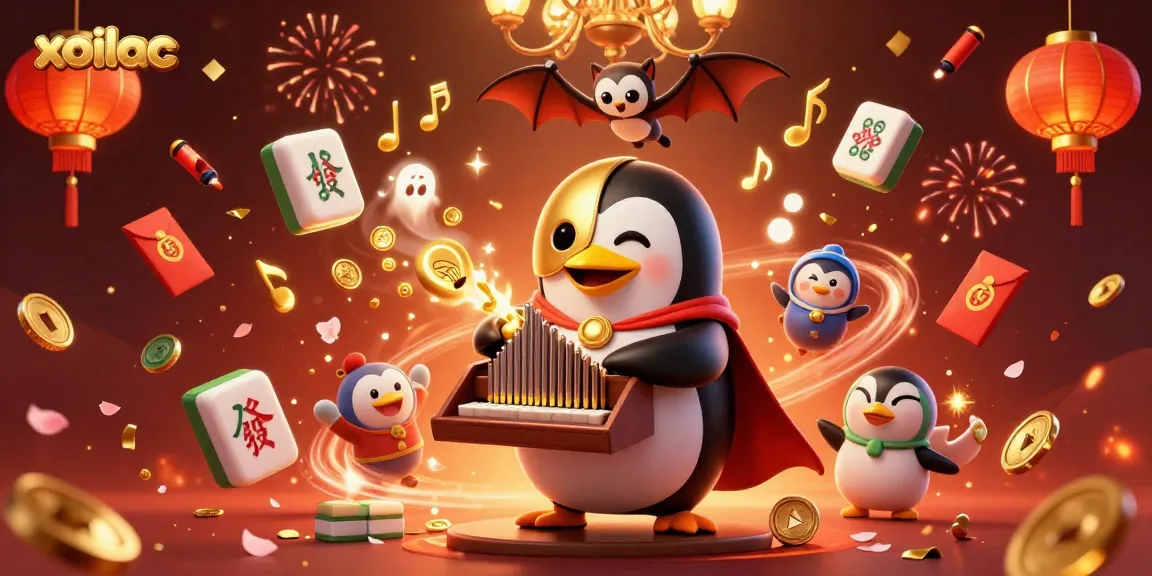 Xoilac engage in thrilling casino action with an energetic penguin surrounded by fortune elements