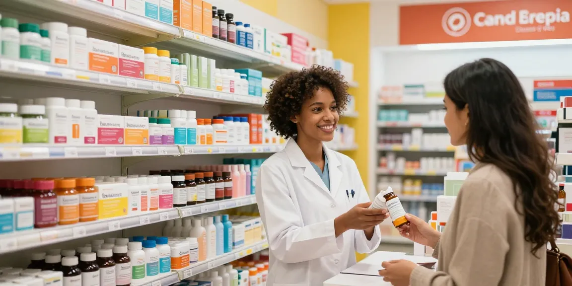 Medi Pharma Shop mit einem Apotheker, der einem Kunden in einer lebhaften Gesundheits- und Wellness-Umgebung hilft, in der vielfältige Produkte angeboten werden.