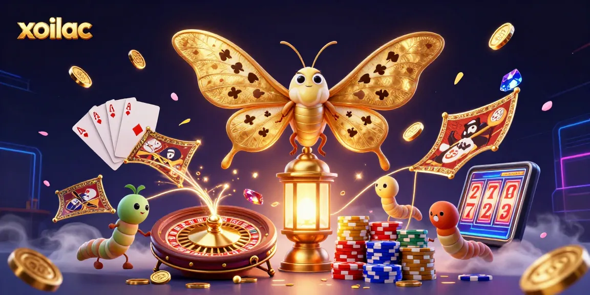 Xoilac promotes winning strategies with vibrant casino scenes featuring golden coins, roulette, and playing cards.