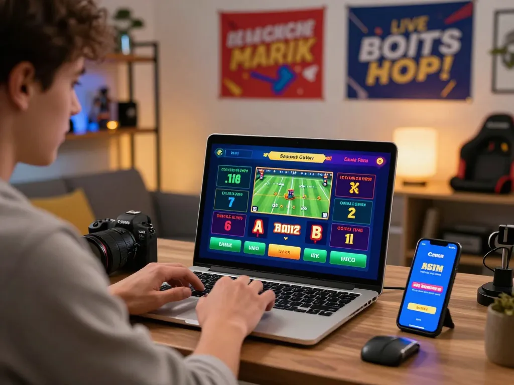 Person actively engaging in online gambling at bl555 platform with vibrant interface and promotional banners in a modern home office.