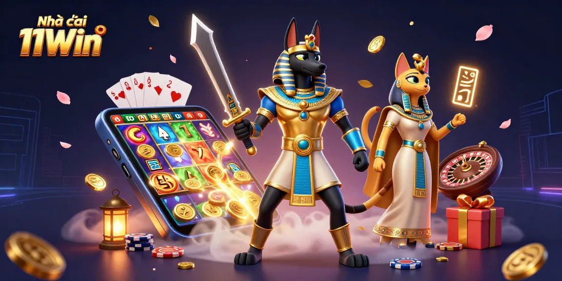 Engage with Nhà cái 11Win in this vibrant illustration of casino games and Egyptian themes.