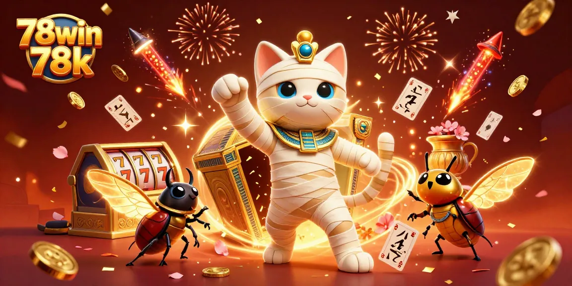 Experience the excitement of 78win 78k slots with a lively 3D casino illustration of a mummy cat and scarab beetle.