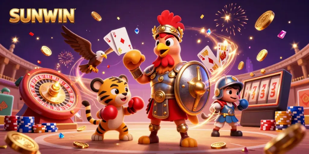 SUNWIN's vibrant gaming scene with a gladiator rooster, tiger cub, and eagle, surrounded by casino elements.