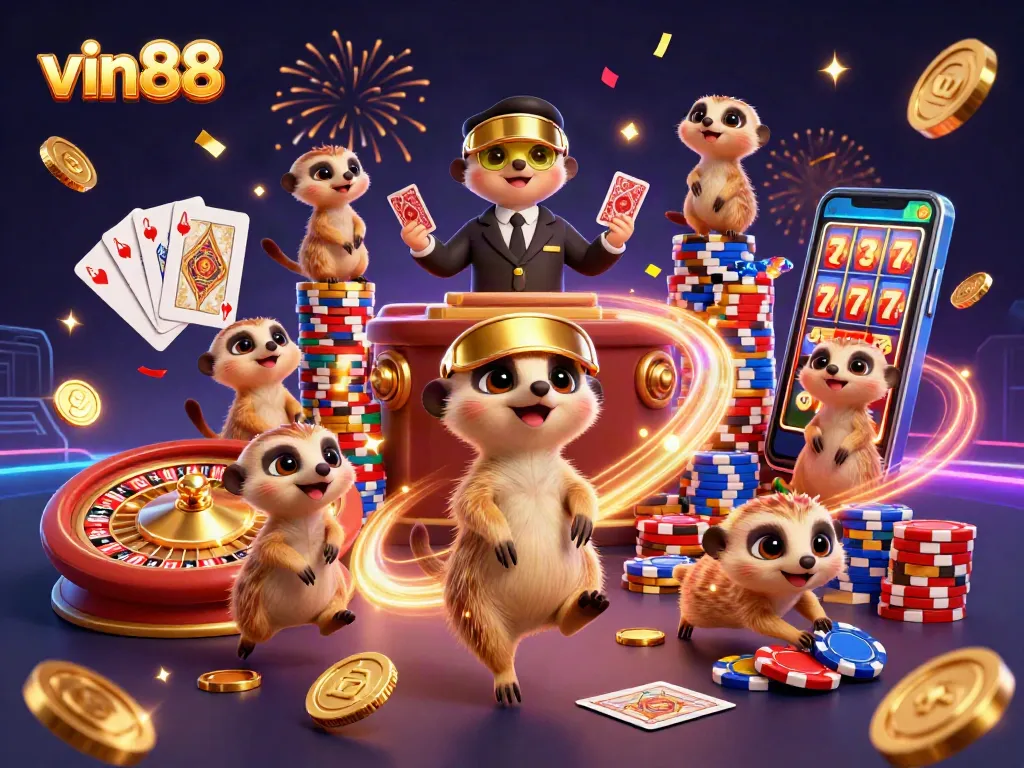vin88 meerkats operate a lively casino with coin cascades and vibrant gaming elements