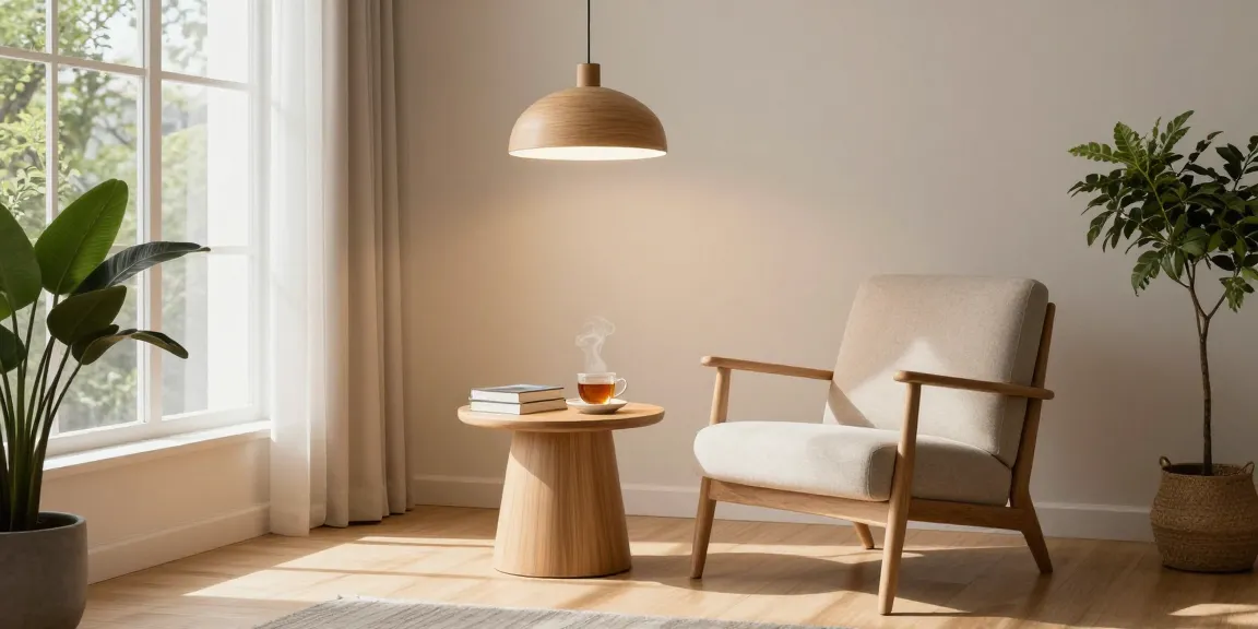 Elegante Hängeleuchte Japandi, die über einer gemütlichen Leseecke hängt und warmes Licht in einem modernen Wohnzimmer spendet.