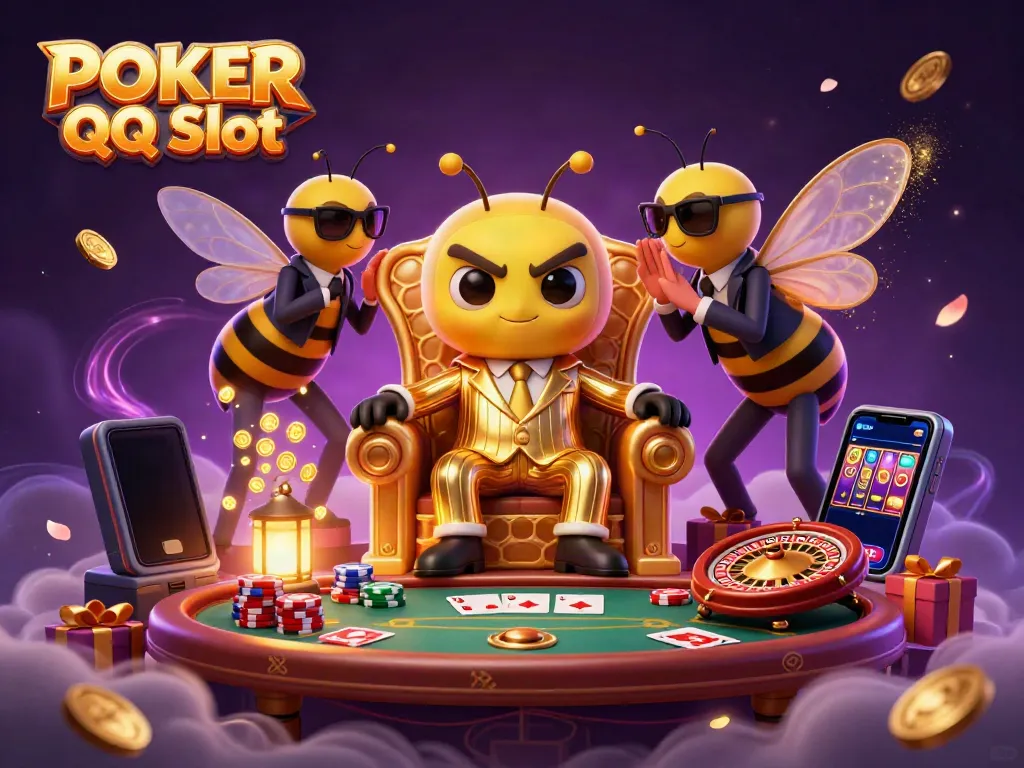 Experience the thrill of POKER QQ Slot as a stylish mob boss and wasp guards interact around a vibrant casino table filled with chips and cards.