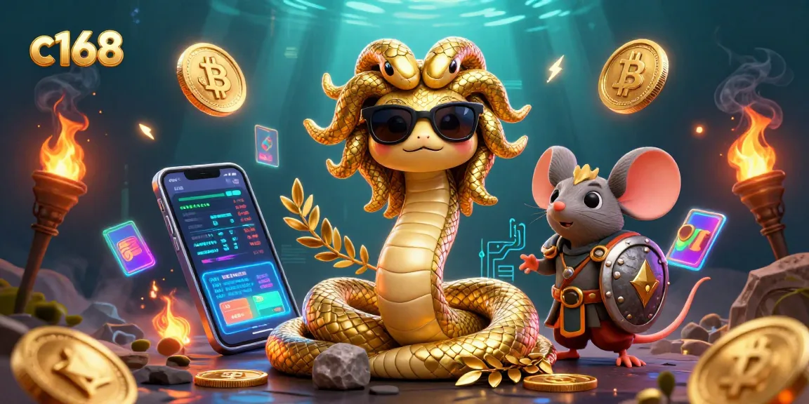 Engage with c168's thrilling games featuring cartoon Medusa and a mouse warrior in a vibrant casino setting.