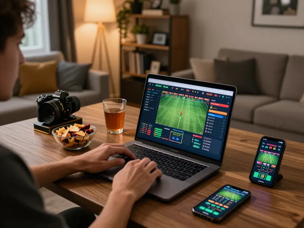 Engaged in sports betting on trang chủ 8KBET, showcasing a dynamic online gaming experience with laptop and smartphone.