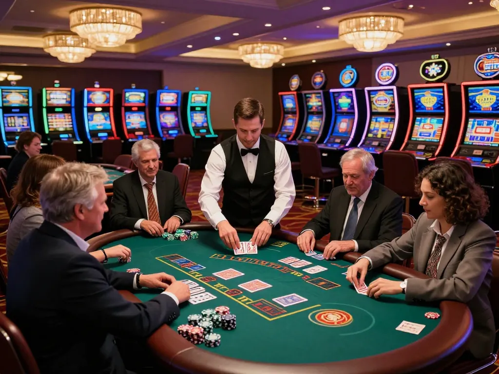 Gamblers strategizing around a blackjack table at a casino, showcasing intense card gameplay with da88 excitement.