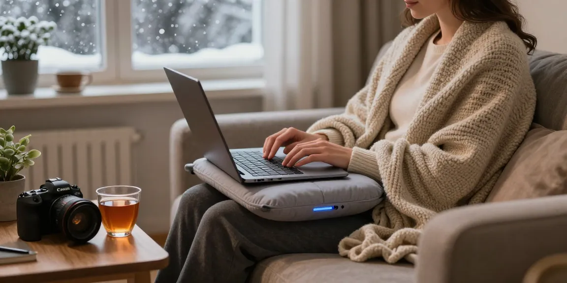 Gemütlicher Arbeitsplatz im Winter mit einer Person, die ein Wärmekissen Akku und einen Laptop in einem Heimbüro verwendet.