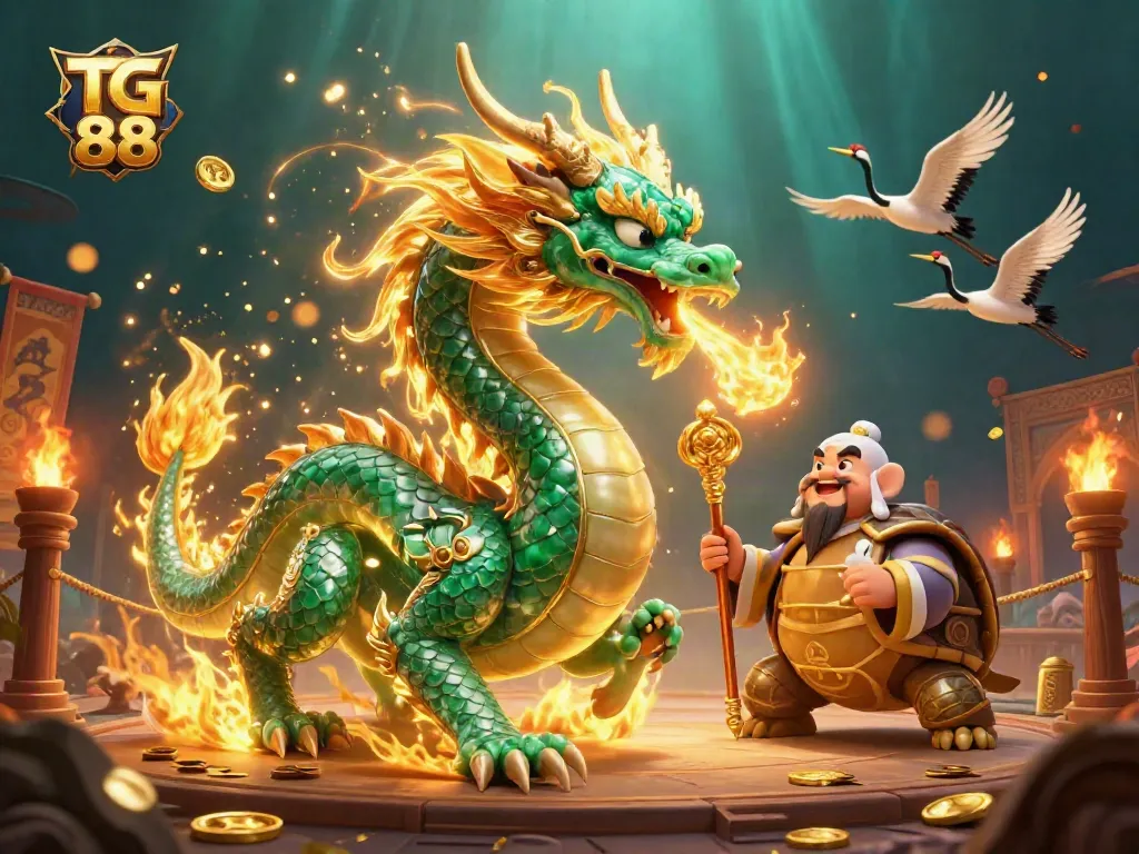 Experience the thrill of winning at TG 88 with a vibrant 3D casino scene featuring a jade dragon, turtle sage, and lucky cranes.