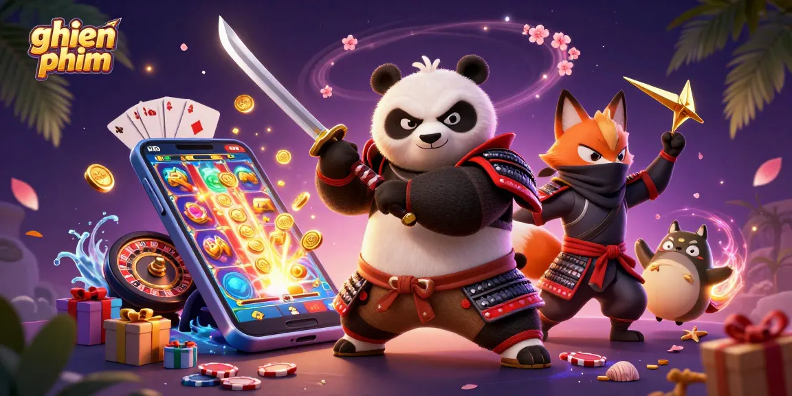 Engage with ghien phim as samurai panda and ninja fox enjoy a vibrant casino scene filled with games.