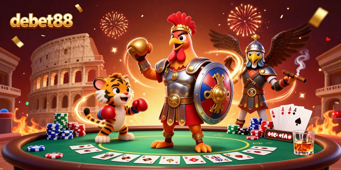 Engage with debet88 through a fun illustration of a gladiator rooster and tiger cub in a vibrant casino setting.