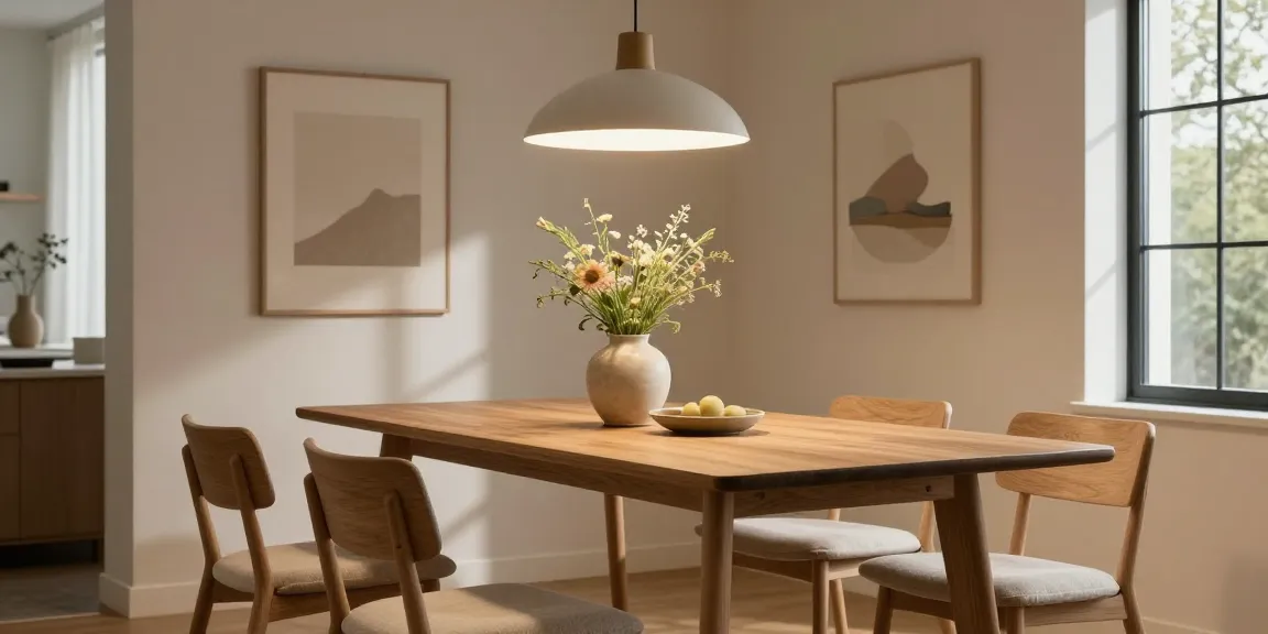 Eleganter Essbereich mit Hängeleuchte Japandi, die den Raum beleuchtet und eine warme und gemütliche Atmosphäre schafft.
