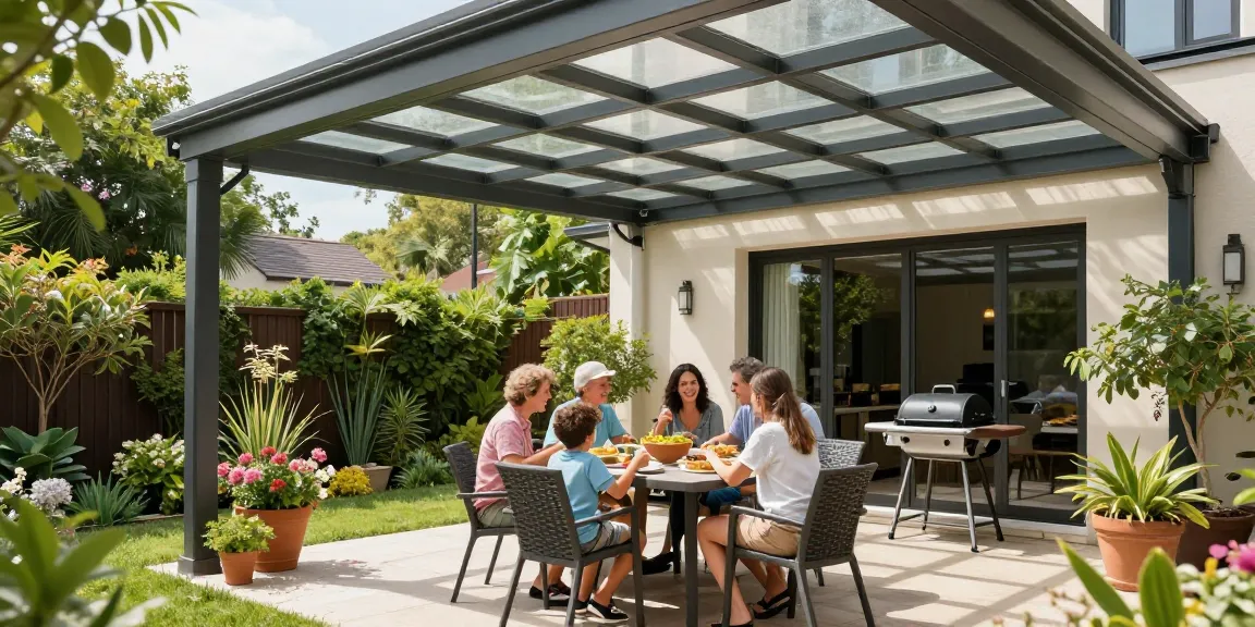 Terrassenüberdachungen in einem modernen Garten mit Familie, die zusammen isst.