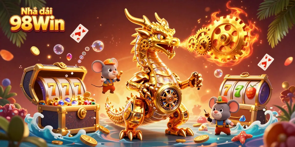 Experience the thrill of gambling with Nhà cái 98Win, featuring a golden dragon amidst vibrant slot games and treasures.