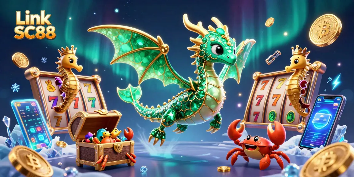Win big with Link SC88 featuring a vibrant 3D sea dragon and colorful slot elements.
