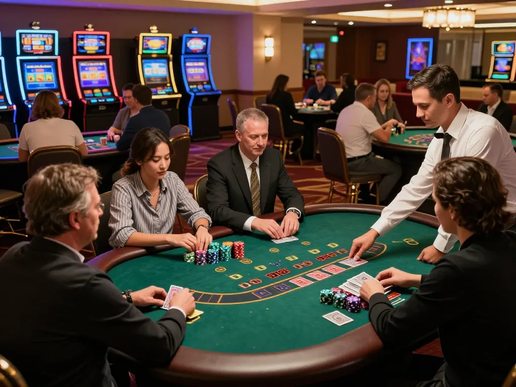O8 SOCIAL players engaged in an exciting game of blackjack in a sophisticated casino setting.