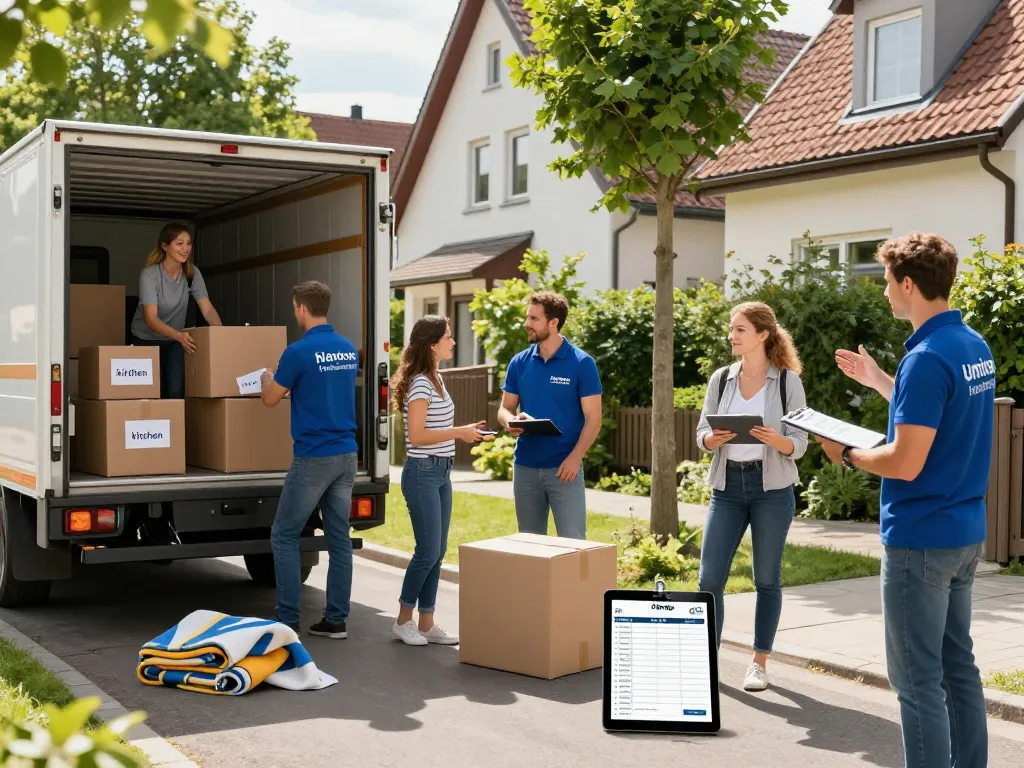 Zuverlässiges Umzugsunternehmen Hannover-Team packt die Habseligkeiten einer Familie an einem sonnigen Umzugstag.