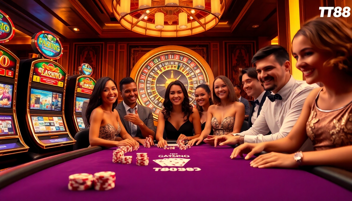 Engage in thrilling gameplay at TT88 with a vibrant casino scene showcasing poker and slot machines.