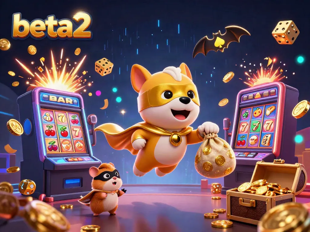 Experience the excitement of beta2 with a superhero dog and hamster, flying amidst colorful casino elements.
