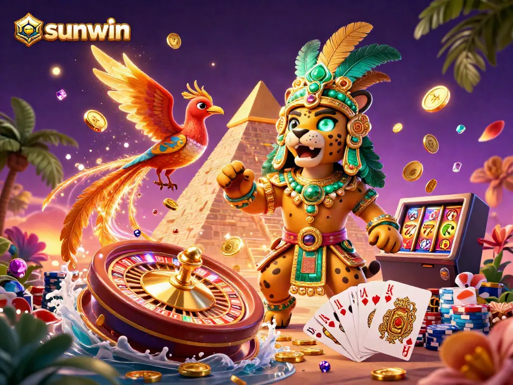 Experience thrilling gameplay with sunwin in a vibrant 3D casino illustration featuring a Mayan priest, quetzal bird, and casino elements.