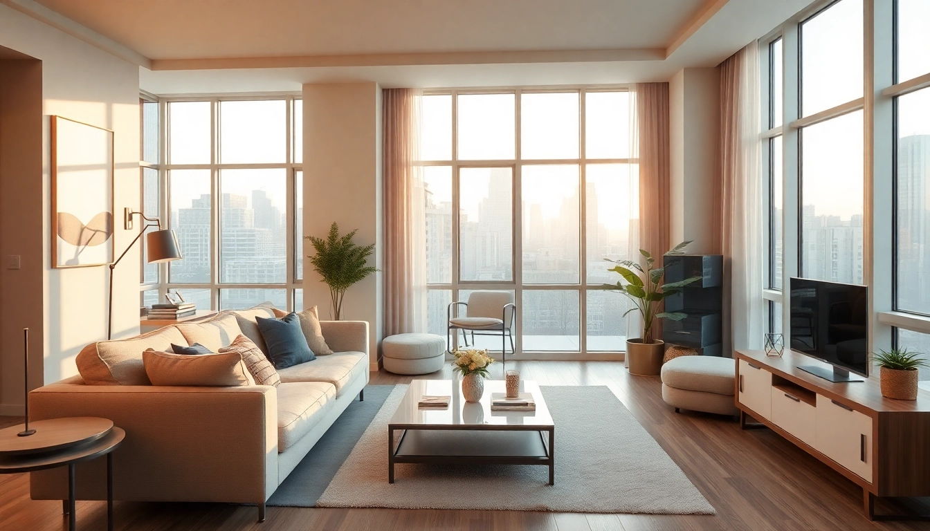 Wohnung kaufen in einer modern eingerichteten Wohnung mit großen Fenstern und stilvollem Interieur.