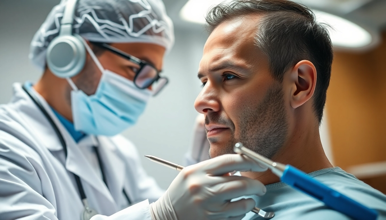 Haartransplantation Türkei Bild mit Arzt und Patient in moderner Klinikumsgebung.