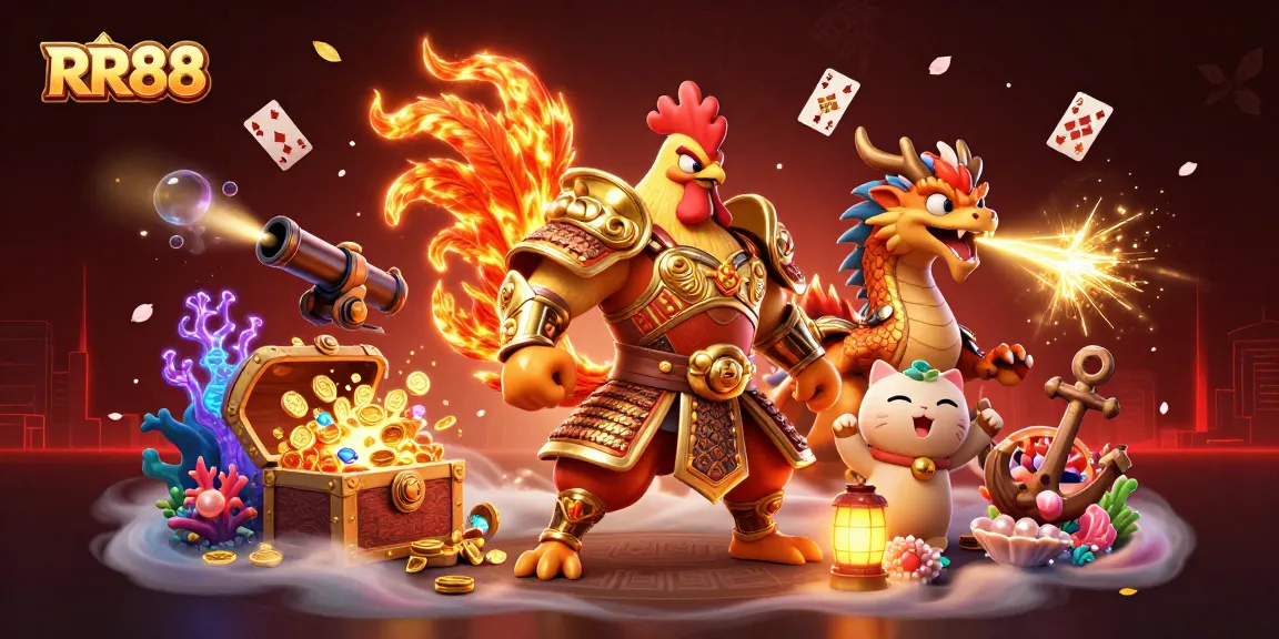 RR88 showcases a thrilling scene with a powerful rooster warrior and dragon, enhancing the gaming atmosphere.