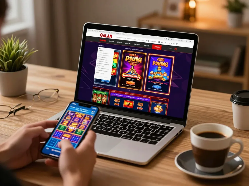 Engaging home gaming setup showing link vào vmax on a laptop screen with vibrant slot games.