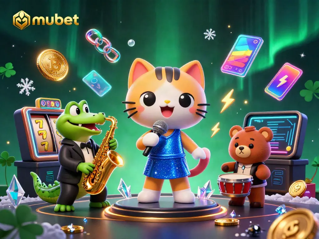 Enhance your winning chances at Mubet with a vibrant casino scene featuring a singing cat and friends.