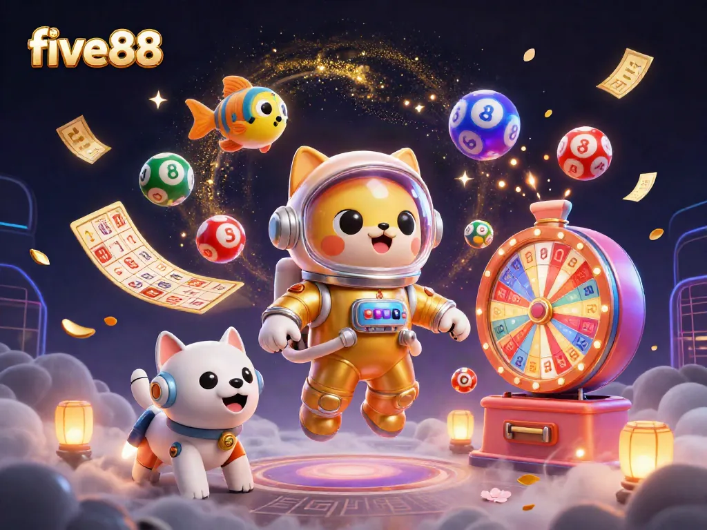 Win big with five88's thrilling casino experience, illustrated with vibrant lottery balls and dynamic characters.