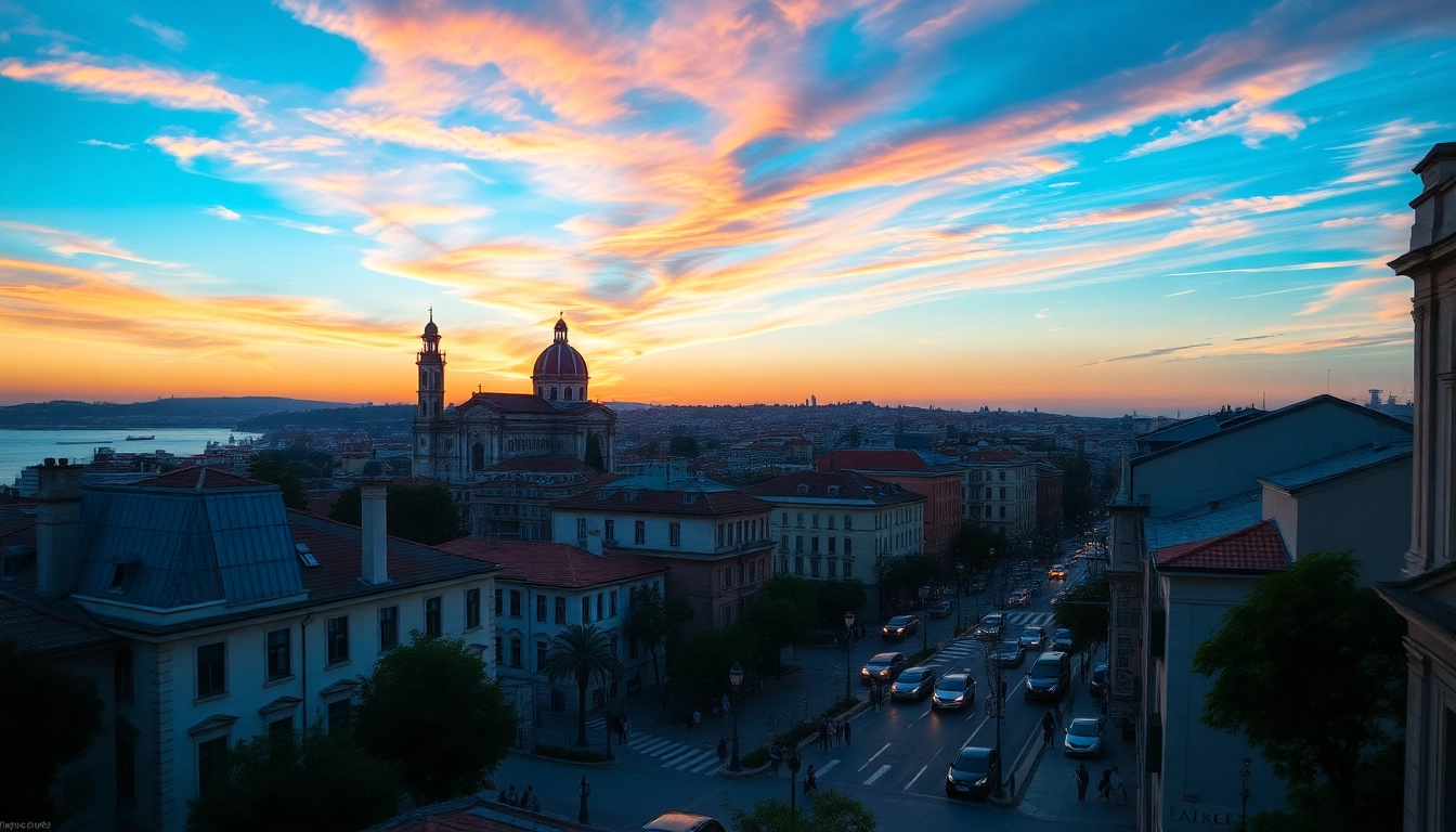 Prikaz Republika Hrvatska sa gradskim pejzažom pod zalaskom sunca.
