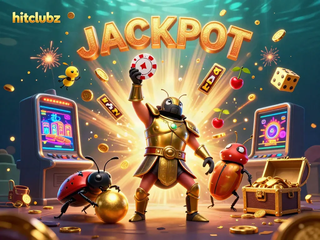 Hitclubz illustrates a triumphant 3D cartoon beetle in gladiator armor celebrating a jackpot amidst vibrant casino elements.