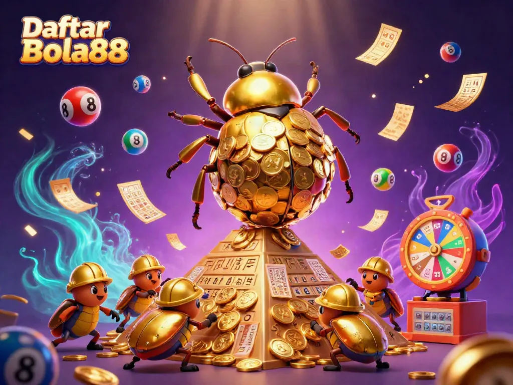 Experience Daftar Bola88 with an immersive, vibrant casino-themed illustration showcasing a golden dung beetle on its fortune journey.