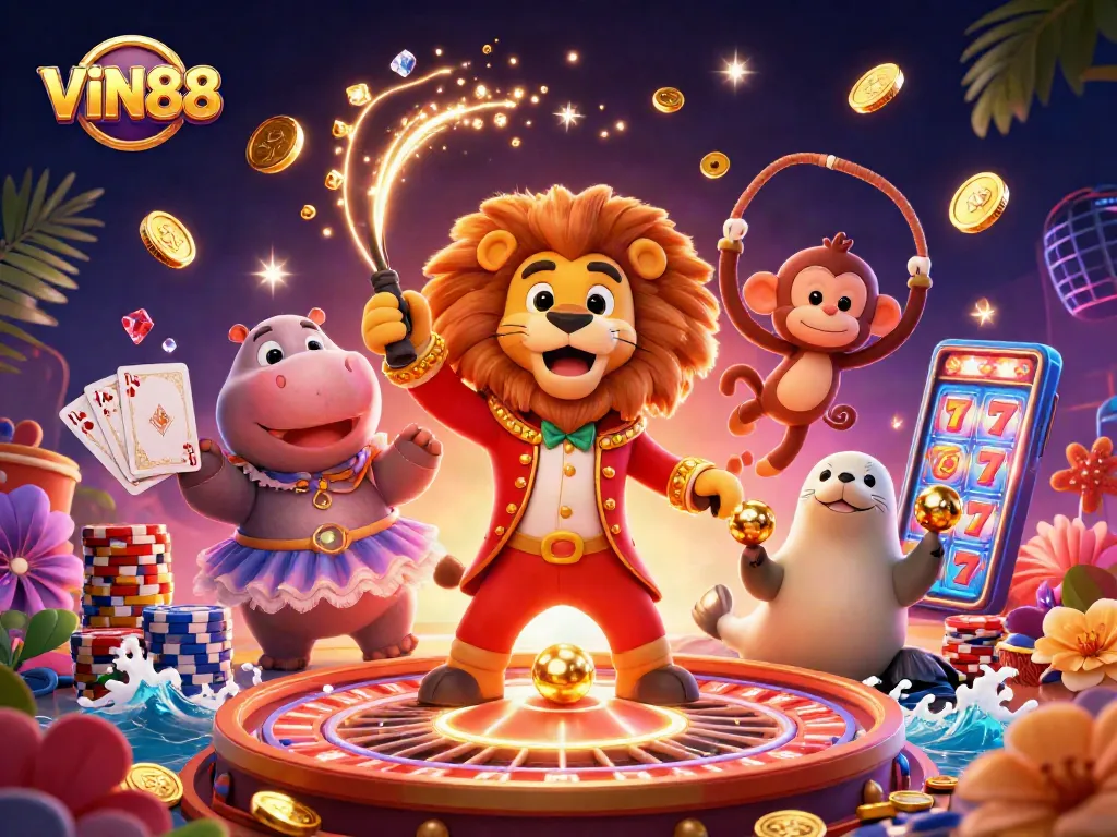 Win big with VIN88 in this vibrant online gambling scene featuring casino characters and elements.
