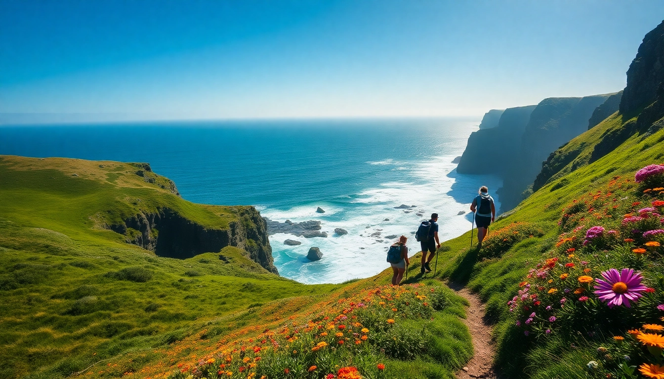 Irland wandern auf herrlichen Klippen mit Abenteurern und bunten Wildblumen.