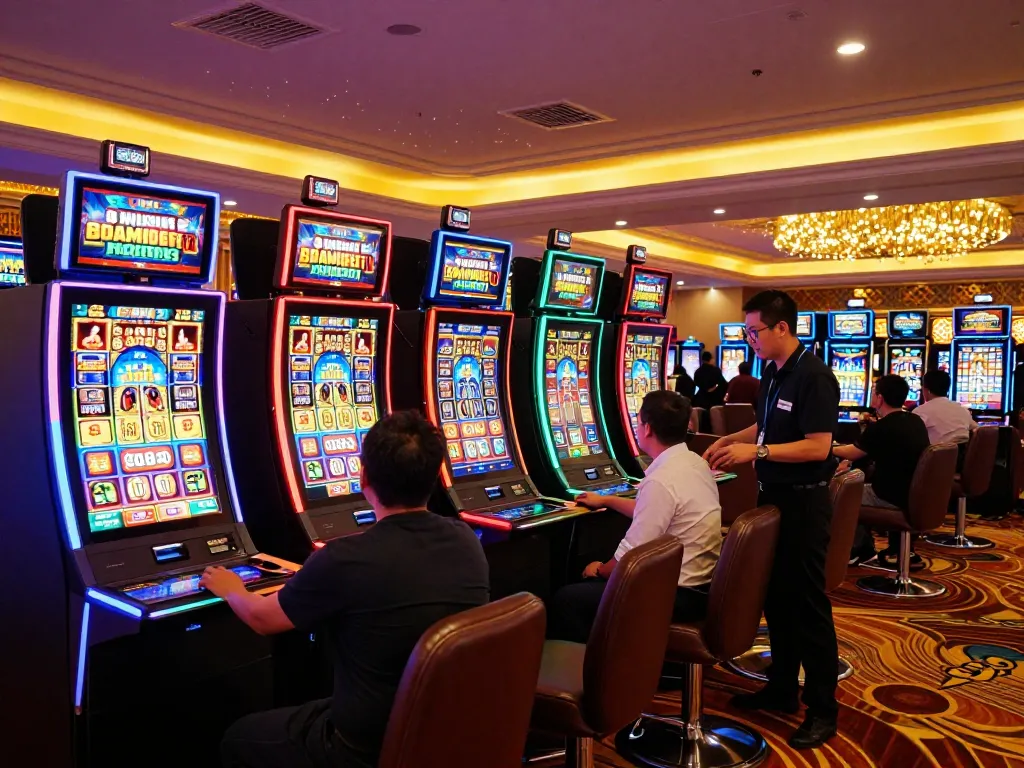 Players enjoying the vibrant atmosphere of GO88 casino slot machines, showcasing dynamic actions and excitement.