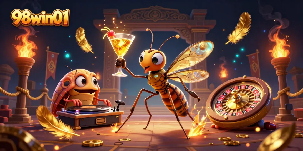 Engage with the vibrant world of 98win01 through an exciting casino scene featuring unique characters and game elements.