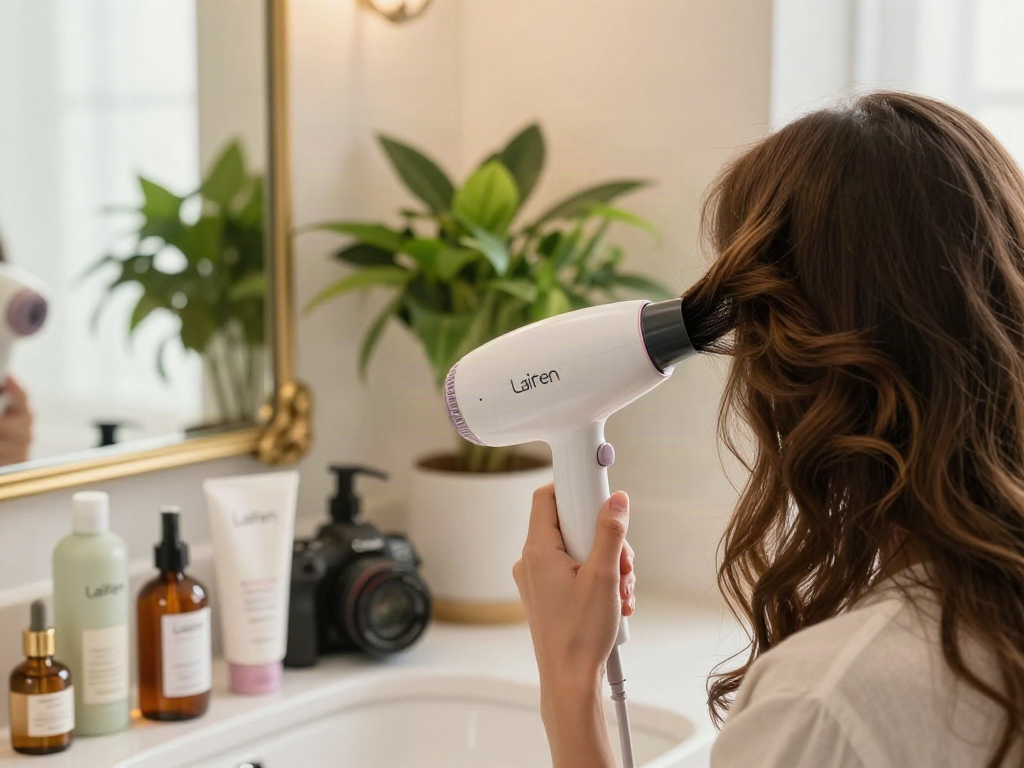 Der Laifen Mini-Haartrockner in einer eleganten Badezimmer-Szene während der Anwendung für stilvolles Haar.