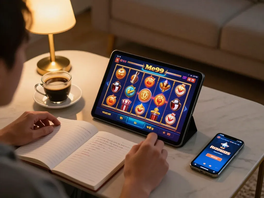 Player strategically engaging with Me99 casino using a tablet in a cozy home environment.