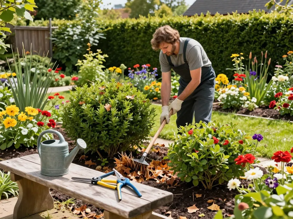 Szene der professionellen Gartenpflege in Münster, die professionelle Gartenpflege in Münster hervorhebt, mit einem fachkundigen Gärtner, der üppige Landschaften pflegt.
