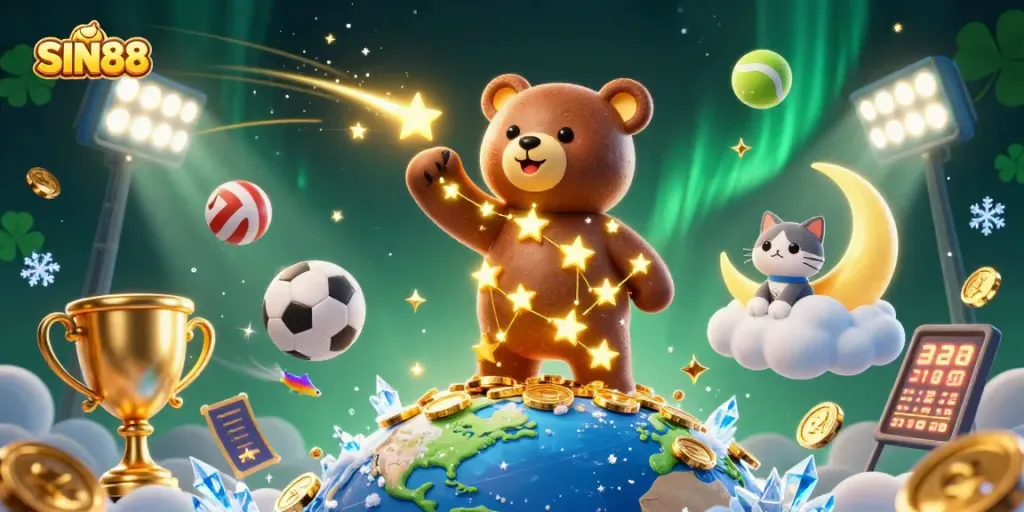 SIN88 players win exciting rewards in a dynamic casino scene with sports elements and sparkles