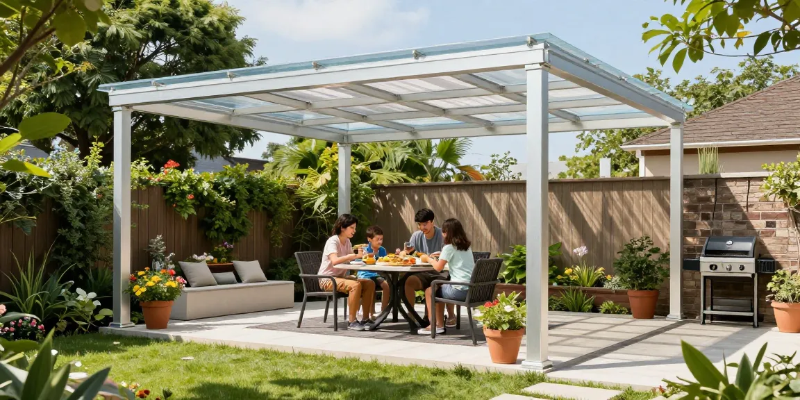 Moderne Terrassenüberdachung freistehend aus Aluminium im Garten mit Familie beim Essen.