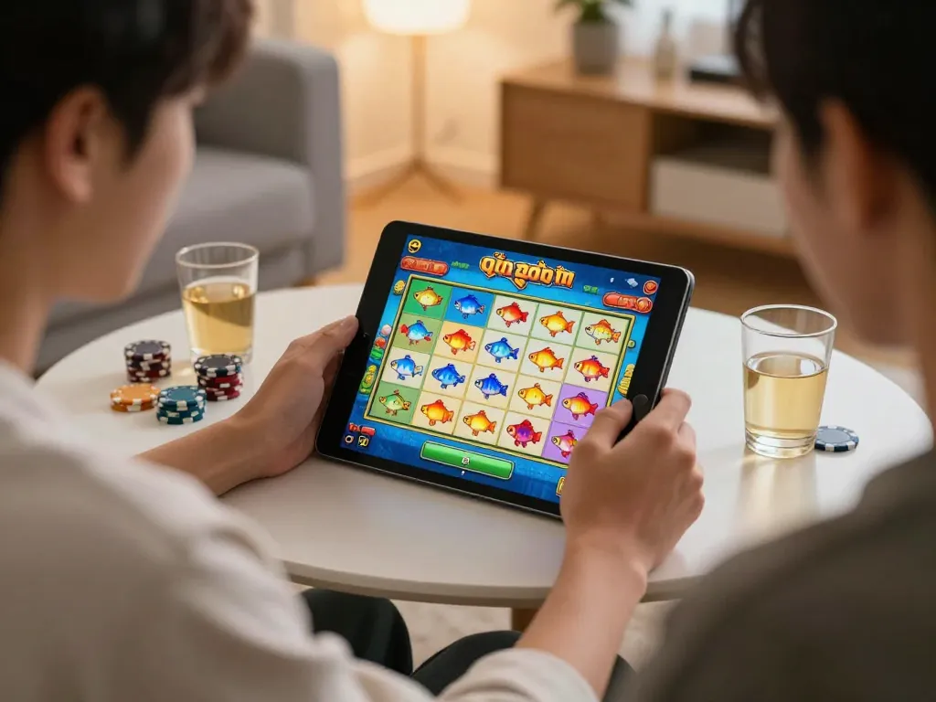 Engaged player enjoying qq88 bắn cá game on a tablet at home.