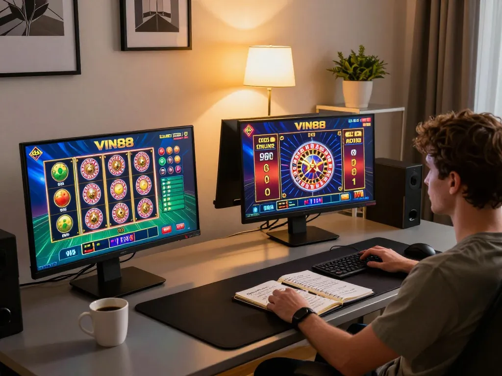 Engaging in online casino gameplay with VIN88 on multiple screens, showcasing dynamic gambling experience.